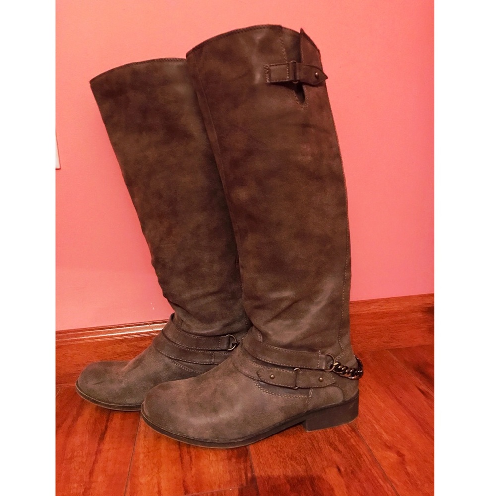 Grey knee high boots
